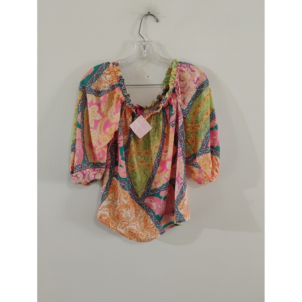 Flying Tomato Womens Small Paisley Patchwork Off Shoulder Puff Sleeve Blouse